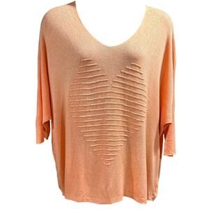 Koker Orange Heart Motif Oversized V-Neck Lightweight Sweater Casual SZ XL